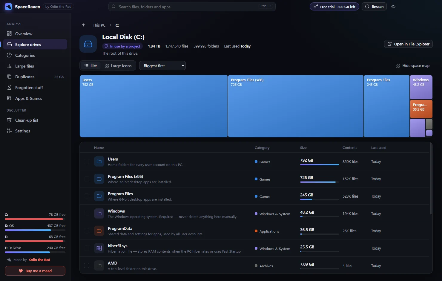 SpaceRaven drive explorer with space map and folder details