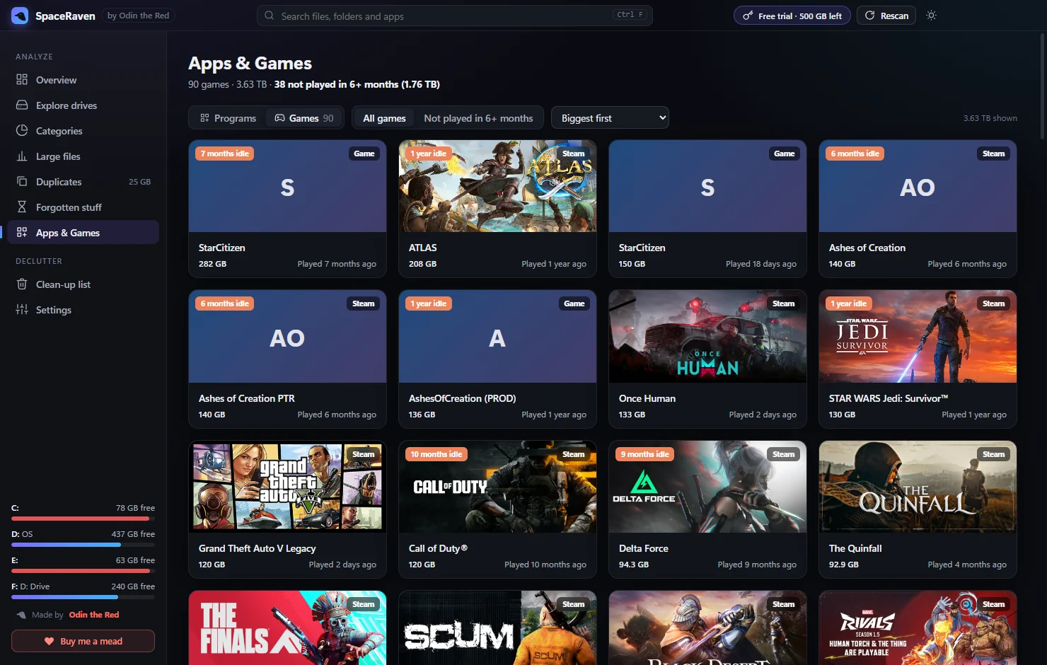 SpaceRaven games view with cover art and last played dates