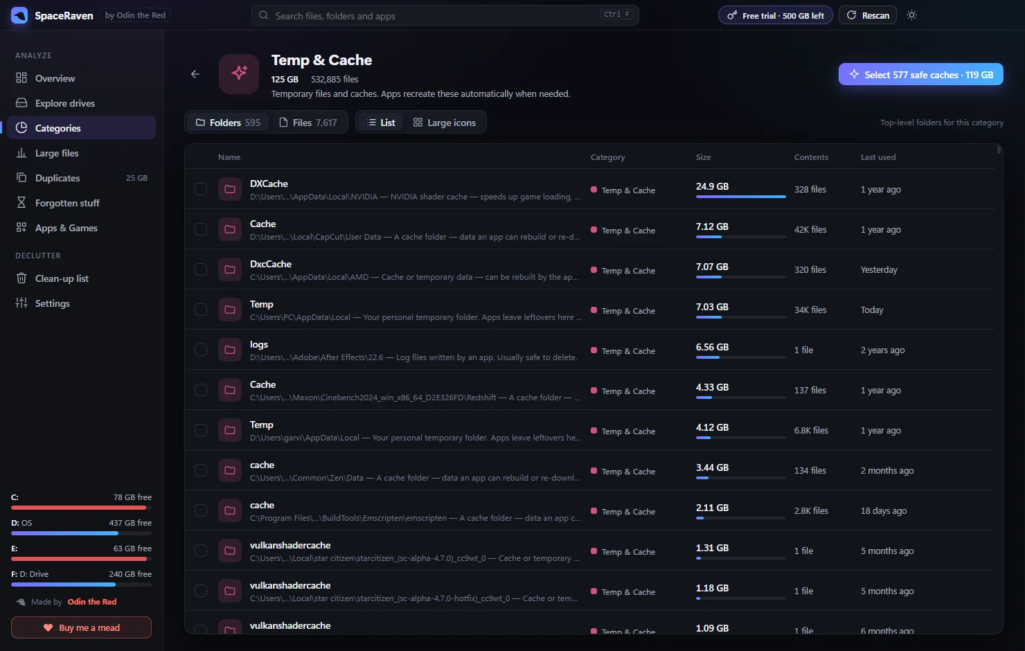 SpaceRaven temp and cache folders with safe selection